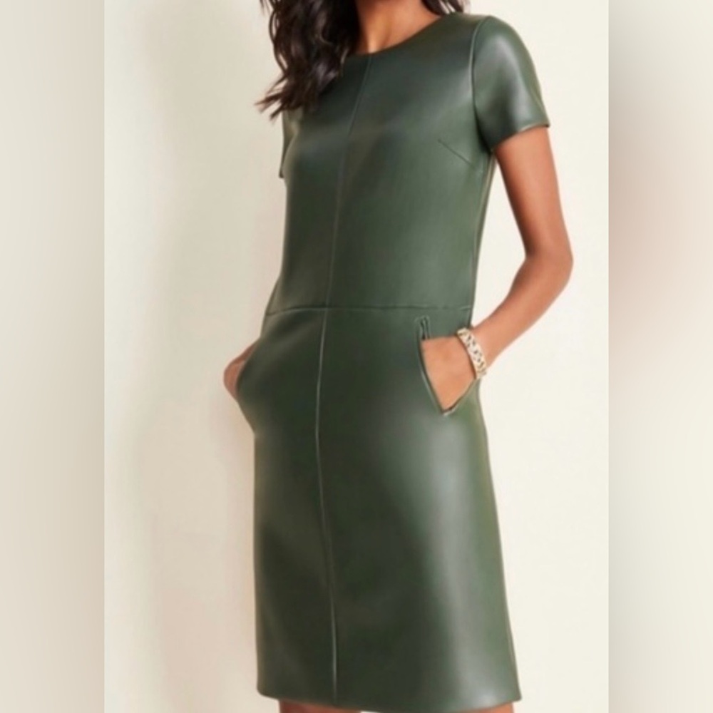 Green Short-Sleeve Faux Leather Dress